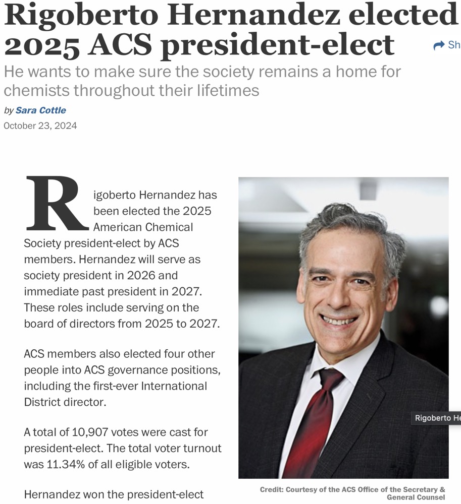 A copy of the start of the web article announcing  Hernandez as the 2025 President0elec, and a photo of him.